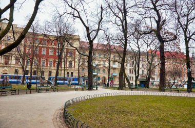 Polonya. Krakow. Krakow şehrinin evleri ve caddeleri. Şehir manzarası. 21 Şubat 2018