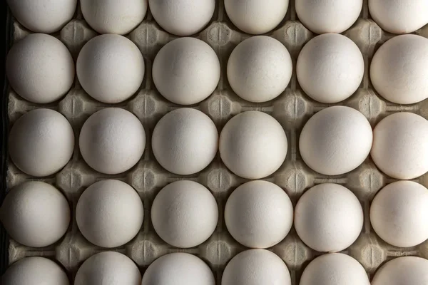 White chicken eggs in the package. Chicken eggs in carton box. Top view eggs background — Stock Photo, Image