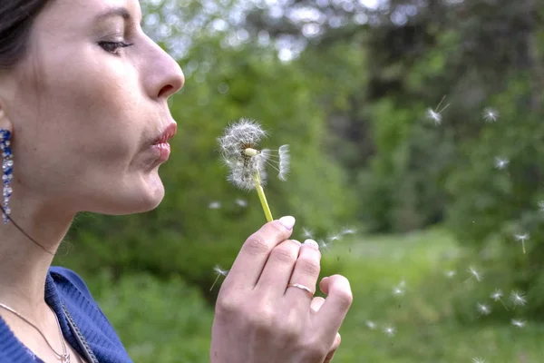 gökyüzü arka plan üzerinde şişirme Dandelion, eğlenmek ve oynarken zevk doğa, yaz tatili ve tatil, genç güzel kadın holding çiçek, dilek kavramı açık, genç bir kız mutlu güzel kadın