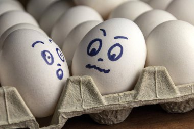 Karton kutuda güzel yumurtalar. Duyguları olan yumurtalar. Farklı yüzler üzerine boyanmış karton kutuda beyaz yumurtalar. Erkek ve kız.
