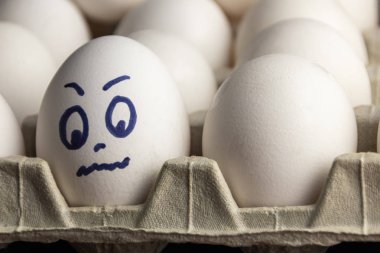 Karton kutuda güzel yumurtalar. Duyguları olan yumurtalar. Farklı yüzler üzerine boyanmış karton kutuda beyaz yumurtalar. Erkek ve kız.