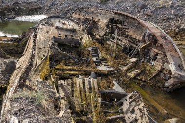 eski batık ya da terk edilmiş batık balıkçı gemisi kırık, kıyıya yakın kendi tarafında yatıyor