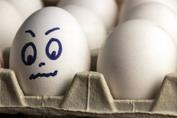 Прекрасные яйца в картонной коробке. Яйца с эмоциями. Белые яйца в картонной коробке с разными лицами, нарисованными на них. Мальчики и девочки
