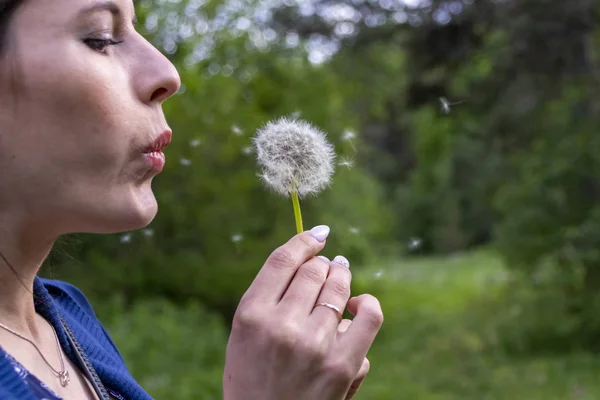 gökyüzü arka plan üzerinde şişirme Dandelion, eğlenmek ve oynarken zevk doğa, yaz tatili ve tatil, genç güzel kadın holding çiçek, dilek kavramı açık, genç bir kız mutlu güzel kadın
