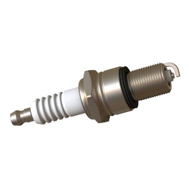 Ateşleme için araba bujisi, kullandıktan sonra buji, beyaz arkaplanda izole, çelik, seramik, alüminyum şeklinde. Yüksek çözünürlükte mükemmel kalitede 3D görüntüleme