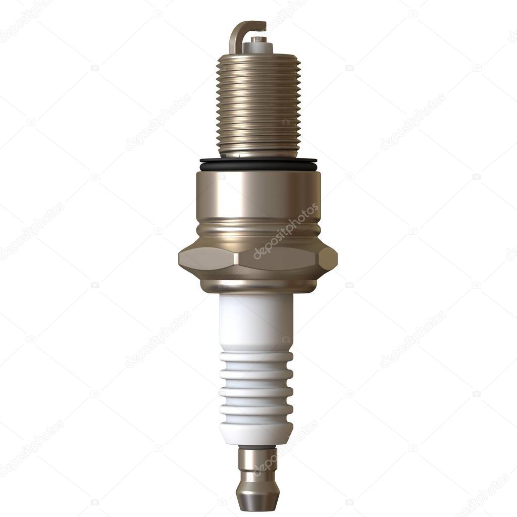 car spark plug used for ignition, Spark plug after use, isolate on white background, made form steel, ceramic, aluminum. 3D rendering of excellent quality in high resolution