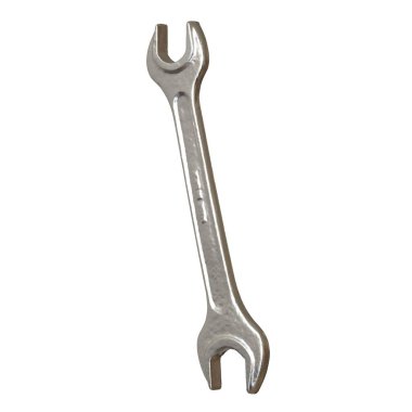 Gümüş rengi çift yönlü metal anahtar beyaz arka planda izole edilmiş. Yüksek çözünürlükte mükemmel kalitede 3D görüntüleme