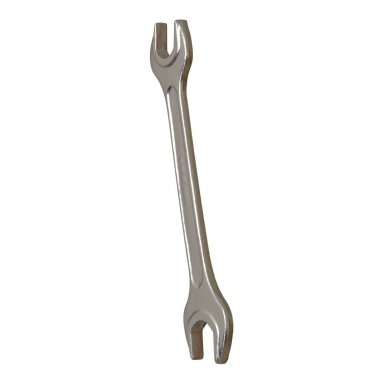 Gümüş rengi çift yönlü metal anahtar beyaz arka planda izole edilmiş. Yüksek çözünürlükte mükemmel kalitede 3D görüntüleme