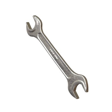 Gümüş rengi çift yönlü metal anahtar beyaz arka planda izole edilmiş. Yüksek çözünürlükte mükemmel kalitede 3D görüntüleme