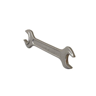 Gümüş rengi çift yönlü metal anahtar beyaz arka planda izole edilmiş. Yüksek çözünürlükte mükemmel kalitede 3D görüntüleme