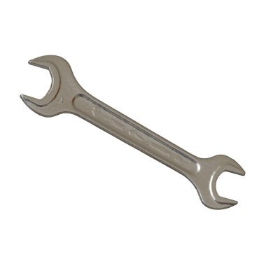 Gümüş rengi çift yönlü metal anahtar beyaz arka planda izole edilmiş. Yüksek çözünürlükte mükemmel kalitede 3D görüntüleme