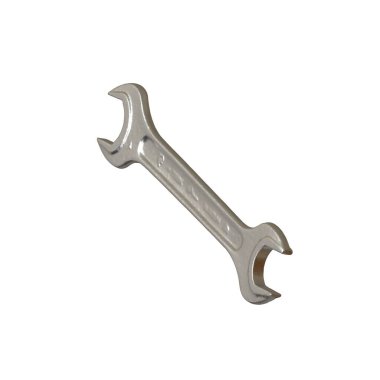 Gümüş rengi çift yönlü metal anahtar beyaz arka planda izole edilmiş. Yüksek çözünürlükte mükemmel kalitede 3D görüntüleme