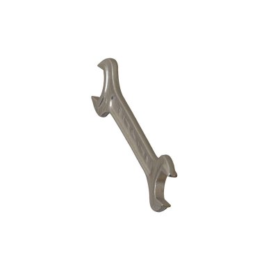 Gümüş rengi çift yönlü metal anahtar beyaz arka planda izole edilmiş. Yüksek çözünürlükte mükemmel kalitede 3D görüntüleme