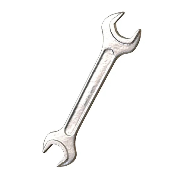 Gümüş rengi çift yönlü metal anahtar beyaz arka planda izole edilmiş. Yüksek çözünürlükte mükemmel kalitede 3D görüntüleme