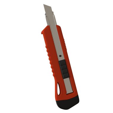 Kırmızı kağıt bıçağı beyaz arka planda izole edilmiş. Yüksek çözünürlüklü 3D tasarım. Büyütülebilir ve arka plan ya da doku olarak kullanılabilir..