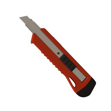 Kırmızı kağıt bıçağı beyaz arka planda izole edilmiş. Yüksek çözünürlüklü 3D tasarım. Büyütülebilir ve arka plan ya da doku olarak kullanılabilir..