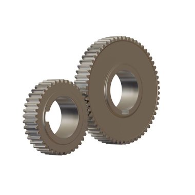 Beyaz arka planda iki metal dişli, izole. Yüksek çözünürlüklü 3D tasarım. Büyütülebilir ve arka plan ya da doku olarak kullanılabilir..