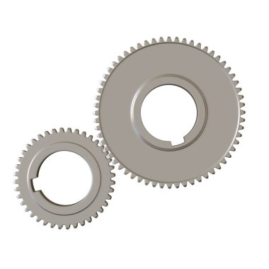 Beyaz arka planda iki metal dişli, izole. Yüksek çözünürlüklü 3D tasarım. Büyütülebilir ve arka plan ya da doku olarak kullanılabilir..