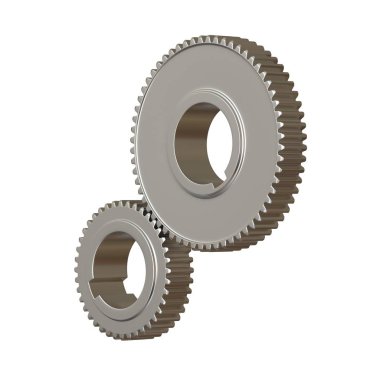 Beyaz arka planda iki metal dişli, izole. Yüksek çözünürlüklü 3D tasarım. Büyütülebilir ve arka plan ya da doku olarak kullanılabilir..