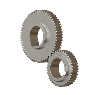 Beyaz arka planda iki metal dişli, izole. Yüksek çözünürlüklü 3D tasarım. Büyütülebilir ve arka plan ya da doku olarak kullanılabilir..