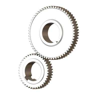 Beyaz arka planda iki metal dişli, izole. Yüksek çözünürlüklü 3D tasarım. Büyütülebilir ve arka plan ya da doku olarak kullanılabilir..