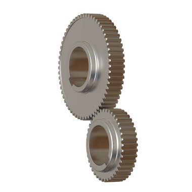 Beyaz arka planda iki metal dişli, izole. Yüksek çözünürlüklü 3D tasarım. Büyütülebilir ve arka plan ya da doku olarak kullanılabilir..