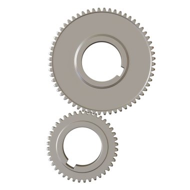 Beyaz arka planda iki metal dişli, izole. Yüksek çözünürlüklü 3D tasarım. Büyütülebilir ve arka plan ya da doku olarak kullanılabilir..