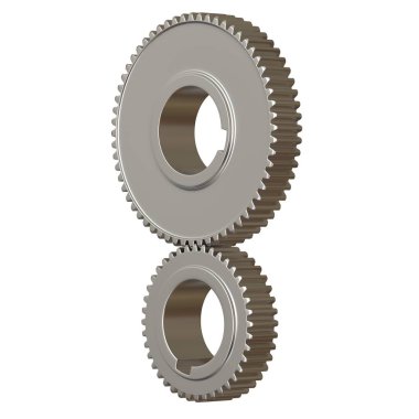 Beyaz arka planda iki metal dişli, izole. Yüksek çözünürlüklü 3D tasarım. Büyütülebilir ve arka plan ya da doku olarak kullanılabilir..