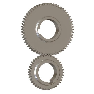 Beyaz arka planda iki metal dişli, izole. Yüksek çözünürlüklü 3D tasarım. Büyütülebilir ve arka plan ya da doku olarak kullanılabilir..