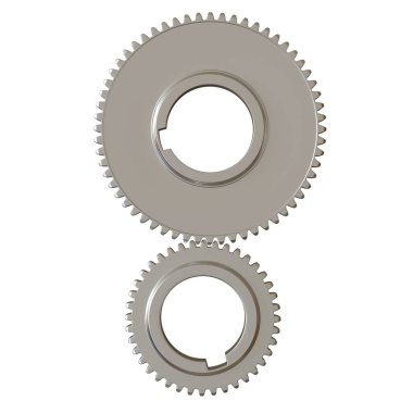 Beyaz arka planda iki metal dişli, izole. Yüksek çözünürlüklü 3D tasarım. Büyütülebilir ve arka plan ya da doku olarak kullanılabilir..