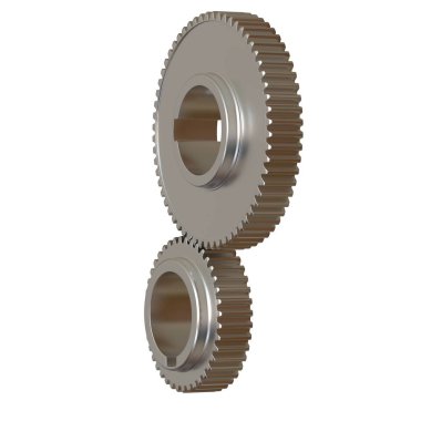 Beyaz arka planda iki metal dişli, izole. Yüksek çözünürlüklü 3D tasarım. Büyütülebilir ve arka plan ya da doku olarak kullanılabilir..