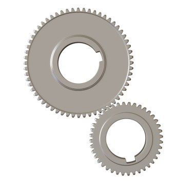 Beyaz arka planda iki metal dişli, izole. Yüksek çözünürlüklü 3D tasarım. Büyütülebilir ve arka plan ya da doku olarak kullanılabilir..