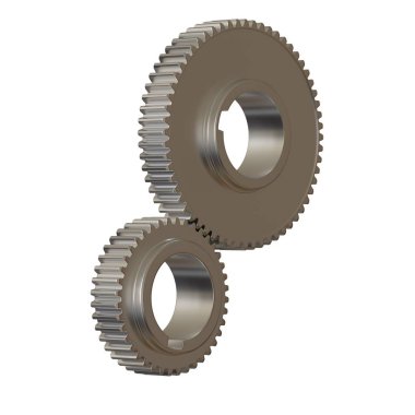 Beyaz arka planda iki metal dişli, izole. Yüksek çözünürlüklü 3D tasarım. Büyütülebilir ve arka plan ya da doku olarak kullanılabilir..