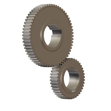 Beyaz arka planda iki metal dişli, izole. Yüksek çözünürlüklü 3D tasarım. Büyütülebilir ve arka plan ya da doku olarak kullanılabilir..