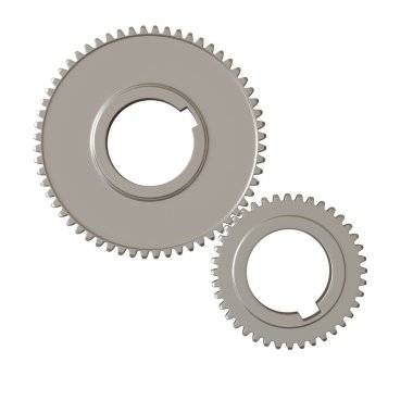 Beyaz arka planda iki metal dişli, izole. Yüksek çözünürlüklü 3D tasarım. Büyütülebilir ve arka plan ya da doku olarak kullanılabilir..