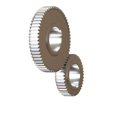 Beyaz arka planda iki metal dişli, izole. Yüksek çözünürlüklü 3D tasarım. Büyütülebilir ve arka plan ya da doku olarak kullanılabilir..