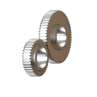 Beyaz arka planda iki metal dişli, izole. Yüksek çözünürlüklü 3D tasarım. Büyütülebilir ve arka plan ya da doku olarak kullanılabilir..