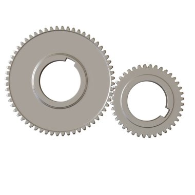 Beyaz arka planda iki metal dişli, izole. Yüksek çözünürlüklü 3D tasarım. Büyütülebilir ve arka plan ya da doku olarak kullanılabilir..