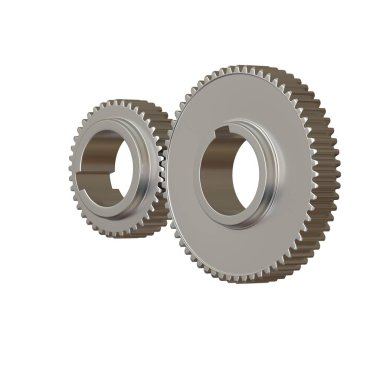 Beyaz arka planda iki metal dişli, izole. Yüksek çözünürlüklü 3D tasarım. Büyütülebilir ve arka plan ya da doku olarak kullanılabilir..