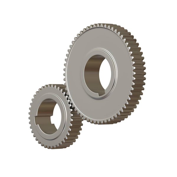Two metal gears on a white background, isolate. 3D rendering of excellent quality in high resolution. It can be enlarged and used as a background or texture.
