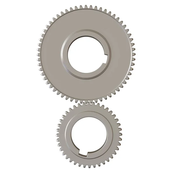 Дві металеві шестерні на білому тлі, ізольовані. 3D візуалізація відмінної якості у високій роздільній здатності. Він може бути збільшений і використаний як фон або текстура . — стокове фото