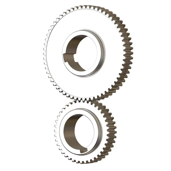 Twee metalen tandwielen op een witte achtergrond, isoleren. 3d weergave van uitstekende kwaliteit in hoge resolutie. Het kan worden vergroot en gebruikt als achtergrond of textuur. — Stockfoto