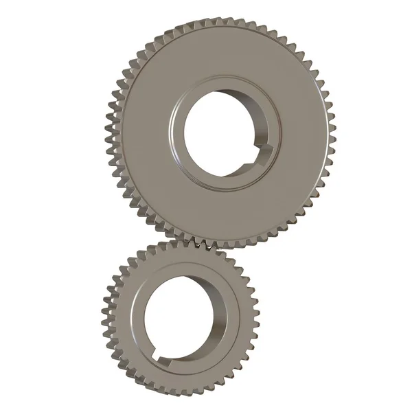 Twee metalen tandwielen op een witte achtergrond, isoleren. 3d weergave van uitstekende kwaliteit in hoge resolutie. Het kan worden vergroot en gebruikt als achtergrond of textuur. — Stockfoto