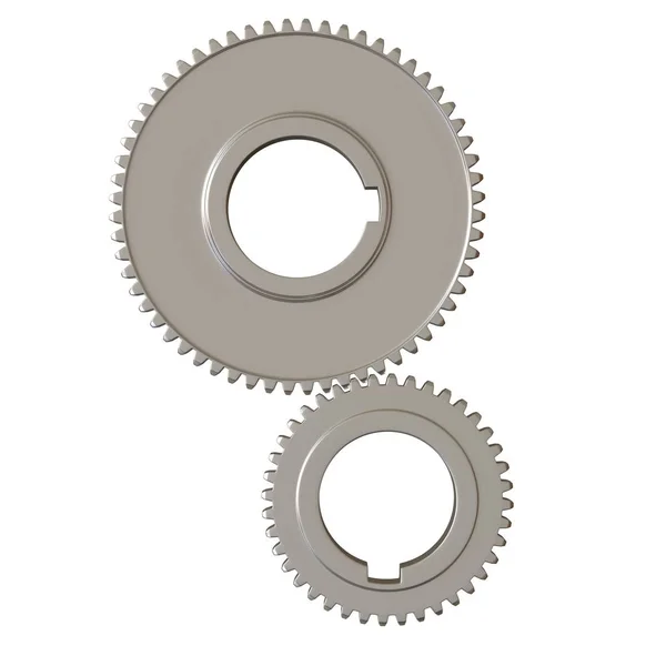Дві металеві шестерні на білому тлі, ізольовані. 3D візуалізація відмінної якості у високій роздільній здатності. Він може бути збільшений і використаний як фон або текстура . — стокове фото