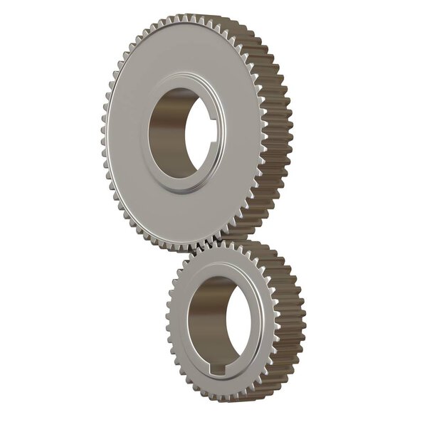 Two metal gears on a white background, isolate. 3D rendering of excellent quality in high resolution. It can be enlarged and used as a background or texture.