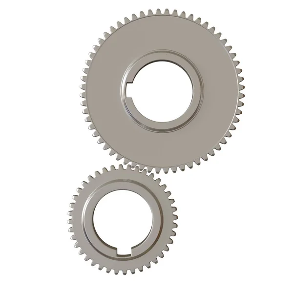 Dva kovové soukolí na bílém pozadí, izolovat. 3D provedení vynikající kvality ve vysokém rozlišení. Může být zvětšena a použita jako pozadí nebo textura. — Stock fotografie