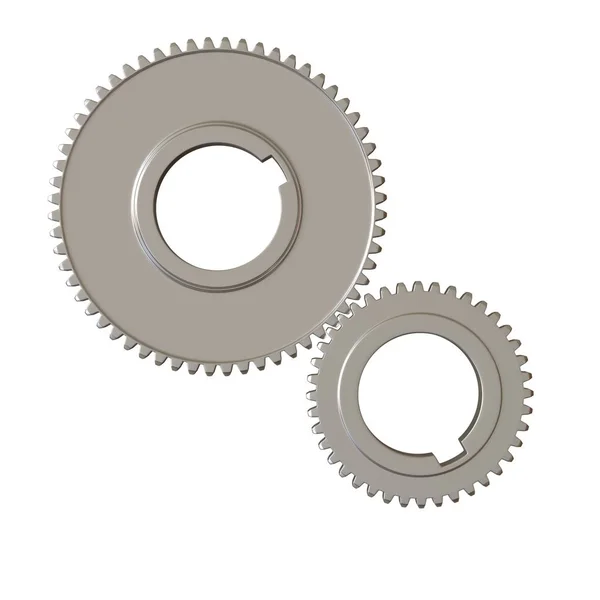 Dva kovové soukolí na bílém pozadí, izolovat. 3D provedení vynikající kvality ve vysokém rozlišení. Může být zvětšena a použita jako pozadí nebo textura. — Stock fotografie