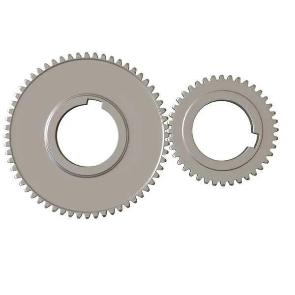 Twee metalen tandwielen op een witte achtergrond, isoleren. 3d weergave van uitstekende kwaliteit in hoge resolutie. Het kan worden vergroot en gebruikt als achtergrond of textuur. — Stockfoto