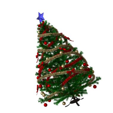 Tepesinde mavi bir yıldız olan Noel ağacı, beyaz arka planda izole edilmiş. Yüksek çözünürlükte mükemmel kalitede 3D görüntüleme