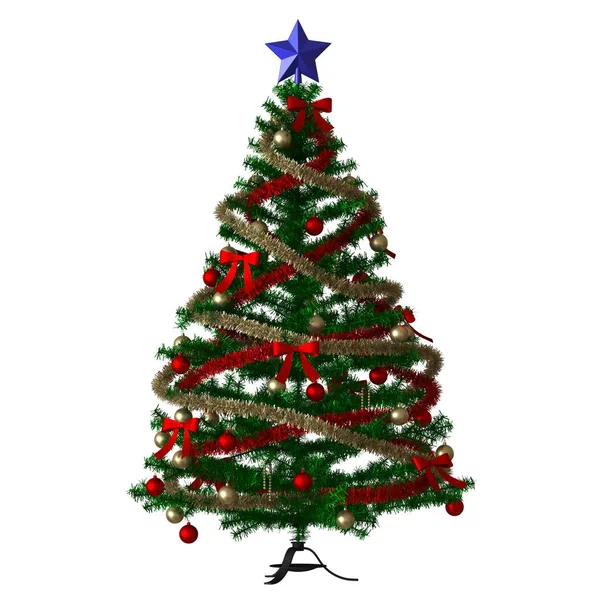 Tepesinde mavi bir yıldız olan Noel ağacı, beyaz arka planda izole edilmiş. Yüksek çözünürlükte mükemmel kalitede 3D görüntüleme